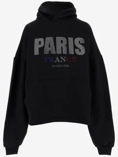 Balenciaga Paris Rhinestone Cropped Cotton Sweatshirt In Black
