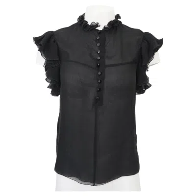 Pre-owned Balenciaga Paris Sheer Black Silk Ruffle Buttoned Blouse