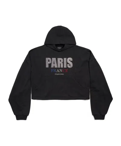 Balenciaga Paris Strass Hoodie Short Hoodie In Black
