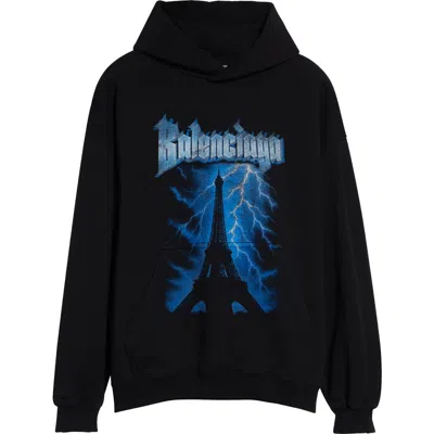 Balenciaga Paris Thunderstorm Medium Fit Dry Fleece Graphic Hoodie In Black