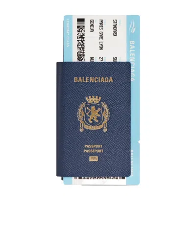 Balenciaga Logo Leather Long Passport Holder In Blue