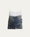Balenciaga Denim Top With Lace Trim And Rhinestone Embellishments In Blue