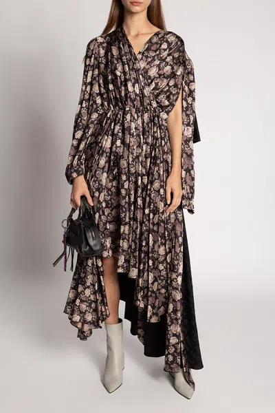 Balenciaga Logo-jacquard Floral Midi Dress In Brown