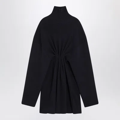Balenciaga Pinched Navy Mini Dress In Wool And Cotton In Black