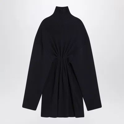 Balenciaga Pinched Navy Mini Dress In Wool And Cotton In Black