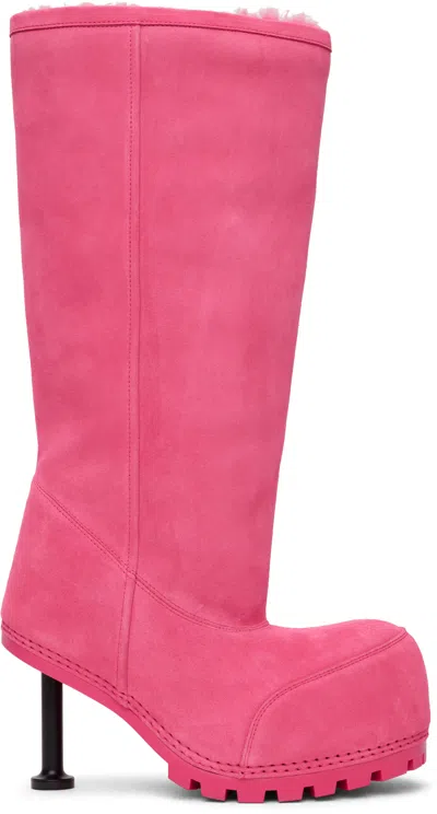 Balenciaga Pink Alaska Fur Tall Boots In 5055 Dark Pink