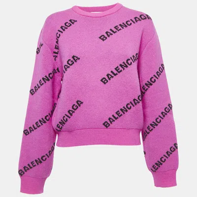Pre-owned Balenciaga Pink All-over Logo Wool Jumper S