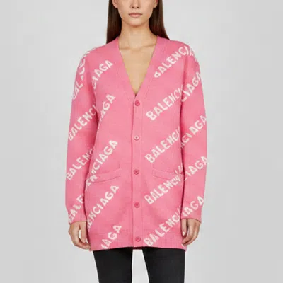 Pre-owned Balenciaga Pink All Over Logo Wool Knit Cardigan M