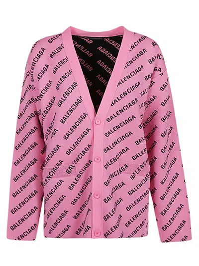 Balenciaga Pink Allover Logo Cotton Cardigan For Women