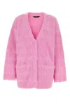 Balenciaga Pink Cardigan With All-over Logo Motif In Wool Blend Woman In Pink