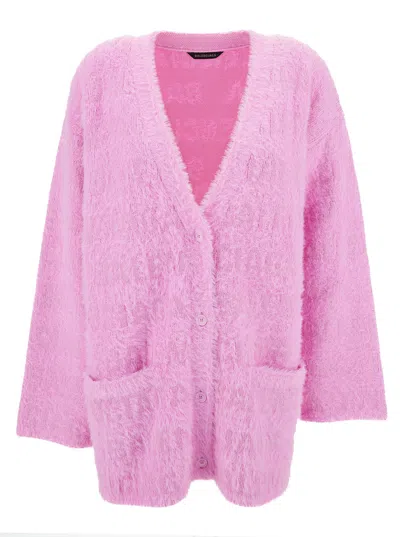 Balenciaga Bal Horizontal Allover Furry Cardigan In Pink