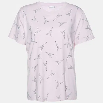 Pre-owned Balenciaga Pink Cotton Eiffel Tower Crystal Studded T-shirt Xl