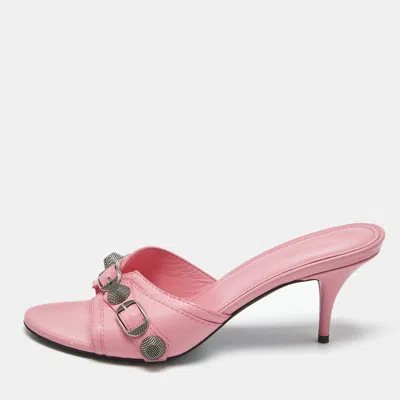 Pre-owned Balenciaga Pink Leather Le Cagole Studded Slide Sandals Size 38