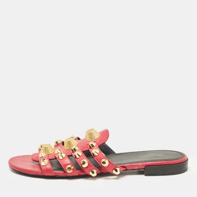 Pre-owned Balenciaga Pink Leather Studded Arena Flat Slides Size 38
