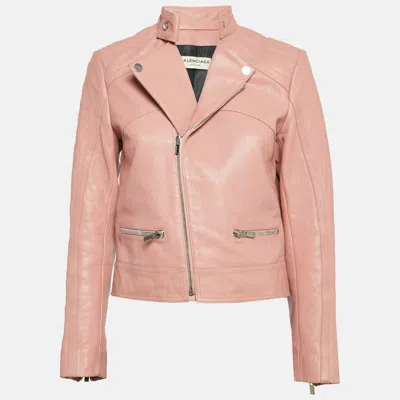 Pre-owned Balenciaga Pink Leather Zipper Detail Rider Jacket M