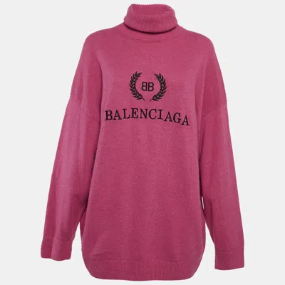 Pre-owned Balenciaga Pink Logo Embroidered Wool Knit Turtle Neck Sweater M