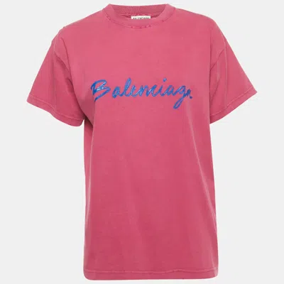 Pre-owned Balenciaga Pink Logo Print Cotton Distressed T-shirt Xs