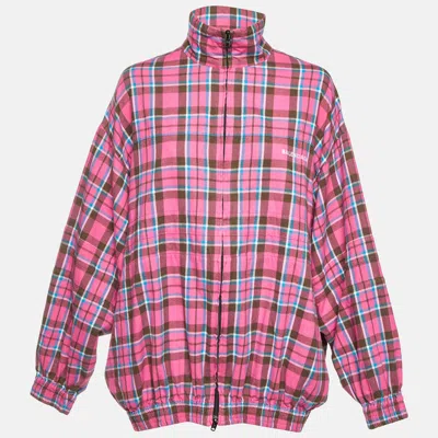Pre-owned Balenciaga Pink Plaid Flannel Oversized Zip Up Jacket M