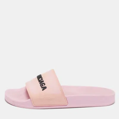 Pre-owned Balenciaga Pink Rubber Logo Embossed Flat Slides Size 39