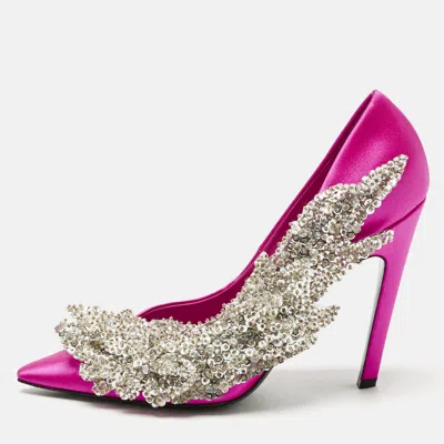 Pre-owned Balenciaga Pink Satin Sequins Embellished Slash Pumps Size 39