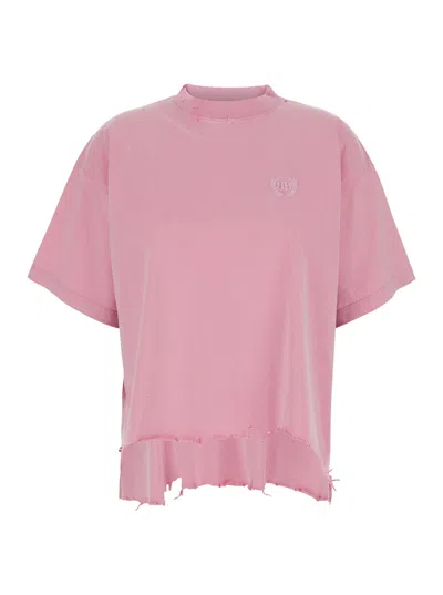 Balenciaga Pink T-shirt With Round Neck Logo On The Front And Back And Distressed Details In Cotton Woman In Multicolor