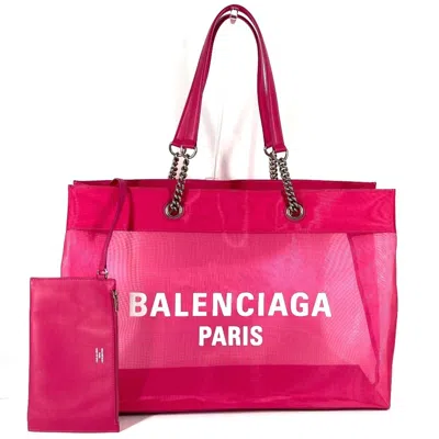 Pre-owned Balenciaga Pink White Polyester Leather Shoulder Bag Tote Bag ()