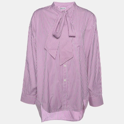 Pre-owned Balenciaga Pink/white Striped Logo Print Cotton Oversized Shirt S