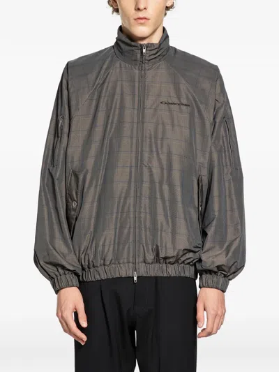 Balenciaga Zipped Jacket With Brown And Blue Checked Motif In Gray