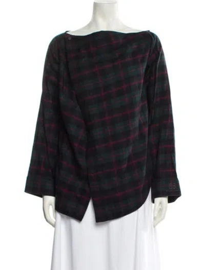 Pre-owned Balenciaga Plaid Print Bateau Neckline Blouse In Black