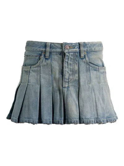 Balenciaga Pleated Denim Mini Skirt In Blue