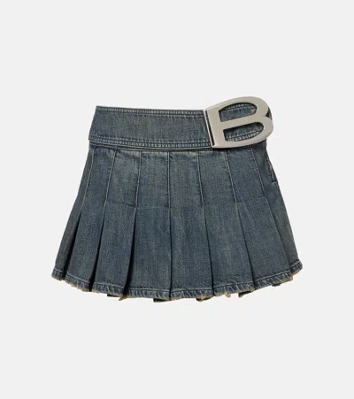 Balenciaga Pleated Denim Miniskirt In Blue