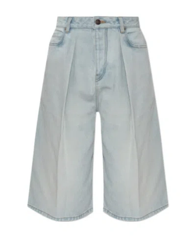Balenciaga Pleated Denim Shorts In Blue