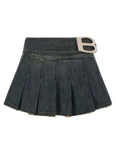 Balenciaga Pleated Denim With Logo Buckle Skirt In Gray