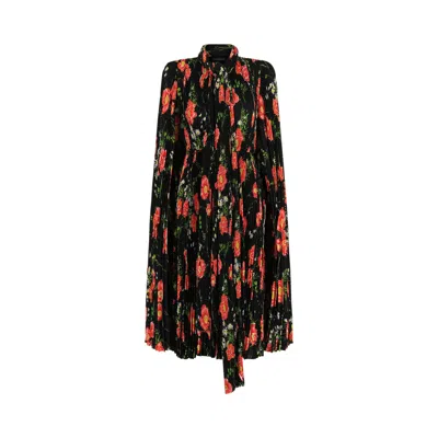 Pre-owned Balenciaga Pleated Floral Midi Dress 'black/red' | Women's Size 44