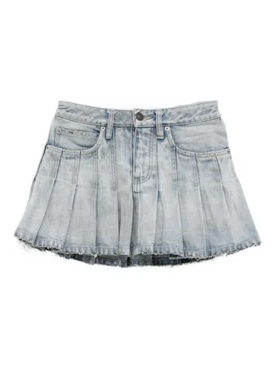 Balenciaga Pleated Frayed Denim Skirt In Blue