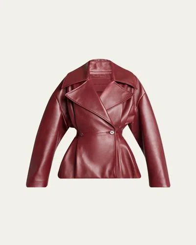Balenciaga Pleated Leather Short Peplum Trench Coat In Burgundy