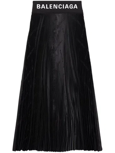 Balenciaga Pleated Logo-jacquard Midi Skirt In Black