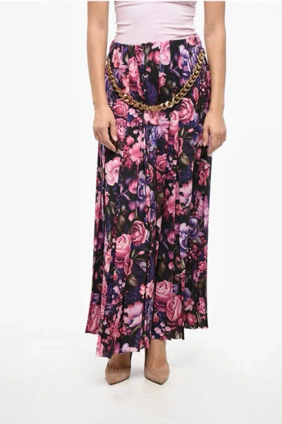 BALENCIAGA PLEATED LONG SKIRT WITH FLORAL MOTIF AND CHAIN DETAIL