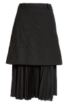 Balenciaga Pleated Mixed Media Layered Midi Skirt In Black