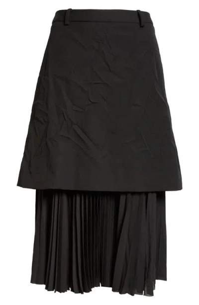 Balenciaga Pleated Mixed Media Layered Midi Skirt In Black