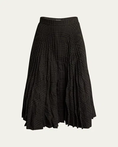 BALENCIAGA PLEATED VINTAGE CHECK WOOL MIDI SKIRT