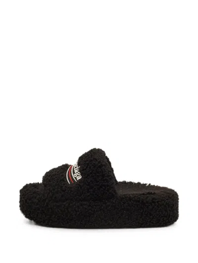 Pre-owned Balenciaga Political Campaign Shearling Platform Flat Sandals In Black
