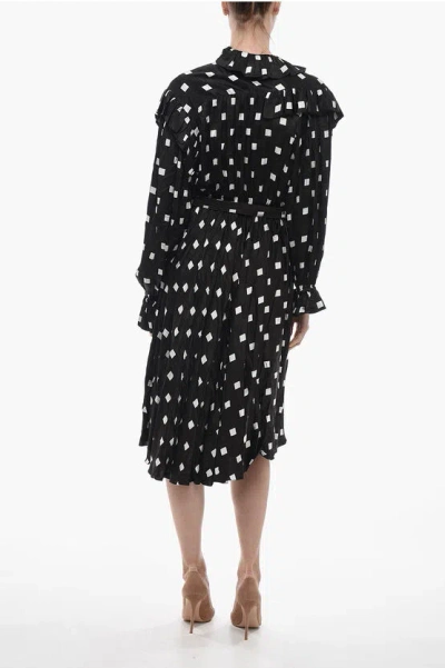 Balenciaga Polka Dot Patterned Satin Shirt Dress With Ruffled Details In Black