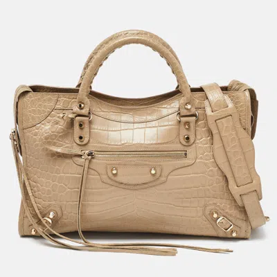 Pre-owned Balenciaga Praline Croc Embossed Leather City Bag In Beige