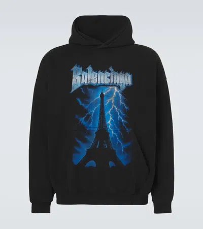 Balenciaga Paris Thunderstorm Distressed Logo-print Cotton-jersey Hoodie In Black