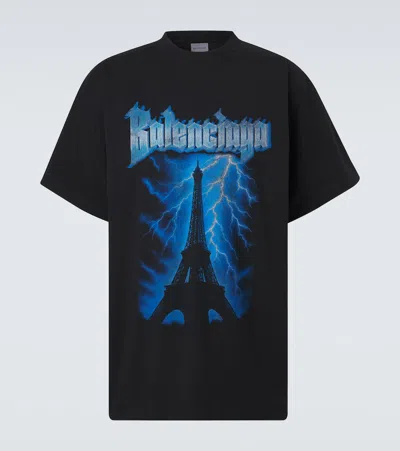 Balenciaga Paris Thunderstorm Graphic Crew Neck T-shirt In Black