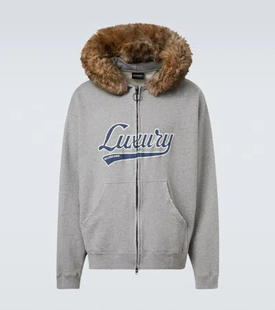 Balenciaga Printed Cotton Jersey Zip-up Hoodie In Gray