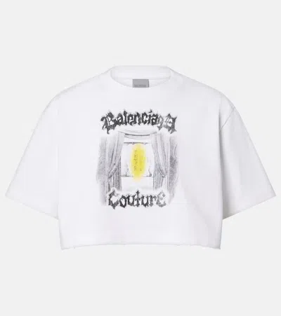 Balenciaga Printed Cropped Cotton Jersey T-shirt In White