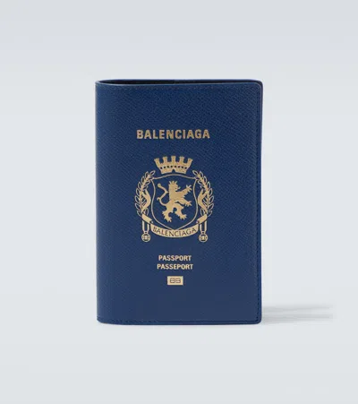 Balenciaga Printed Leather Passport Holder In Blue