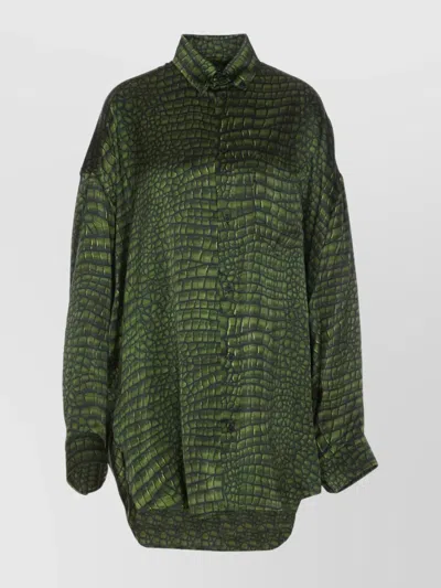 Balenciaga Printed Long Sleeve Collared Neck Top In Green
